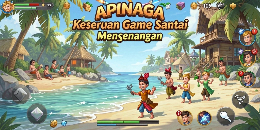 Screenshot utama <strong>APINAGA</strong> menunjukkan gameplay seru dan penuh warna.