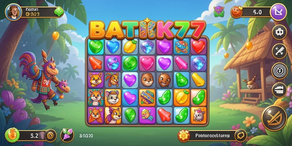Screenshot gameplay BATIK77 menampilkan pencocokan pola batik yang colorful.