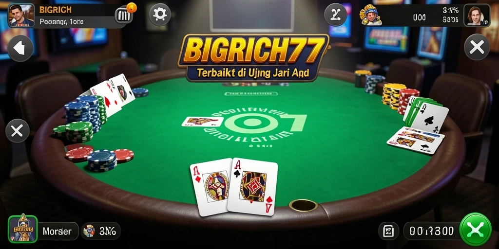 Screenshot gameplay BIGRICH77 menampilkan aksi poker yang mendebarkan.