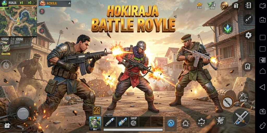 Screenshot gameplay HOKIRAJA yang menunjukkan aksi pertempuran seru.