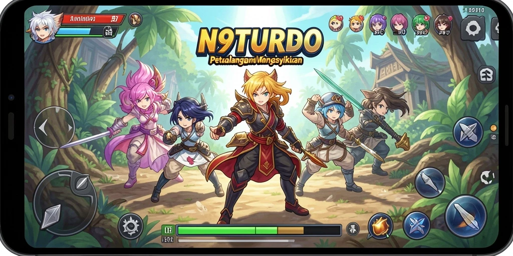 Tampilan menarik gameplay N9TURBO dengan karakter anime.