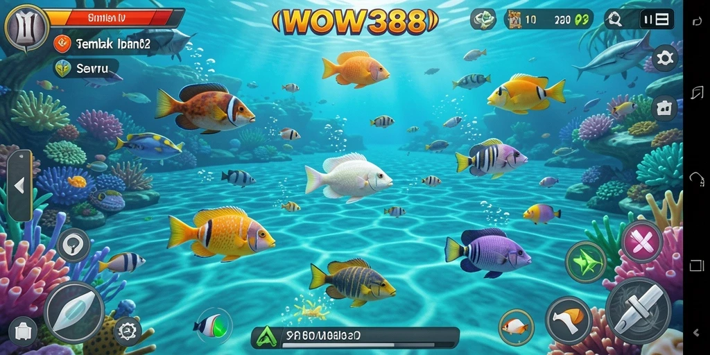 Tampilan gameplay WOW388 yang menampilkan aksi seru berburu ikan.